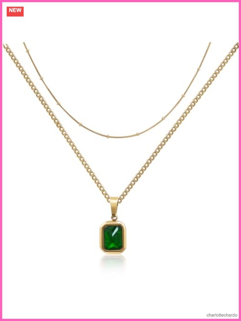 14K Gold Plated Layered Necklace Emerald Birthstone Pendant Adjustable
